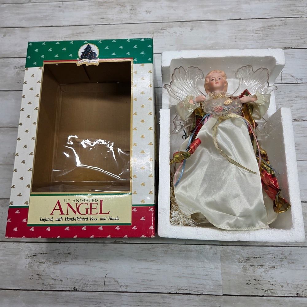 Holiday Classics 1992 Animated Angel Tree Topper Lighted 11in Cream Gold Red